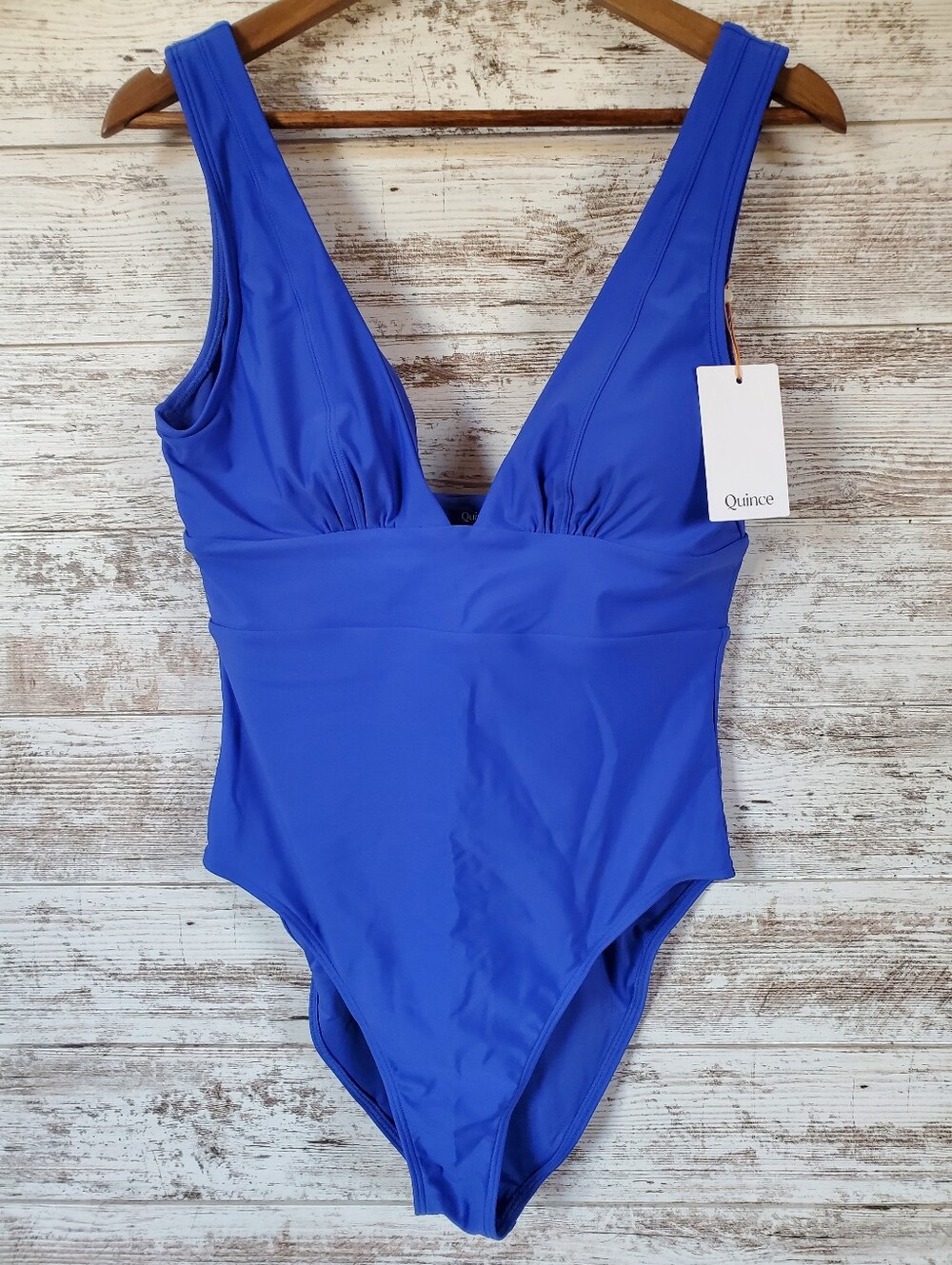 Quince Italian Plunge One-Piece Swimsuit Luxury Classic Electric Blue Swimwear